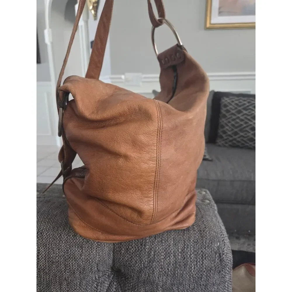 Vintage Columbian Brown Camel Tan Leather Convertible Bag Slouchy Backpack Boho